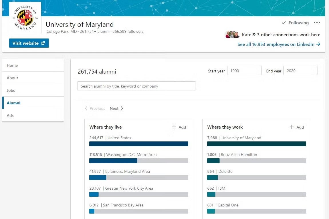 A screenshot of the University of Maryland’s LinkedIn page showing the Alumni insights tool with data on where graduates live and work.