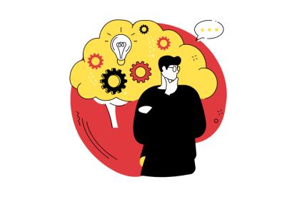 A man thinking about lightbulbs and gears.