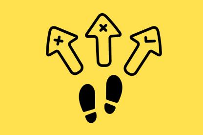 A pair of footprints facing three arrows pointed in different directions.