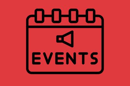 A calendar graphic with the text "Events" and a loud speaker above the text.