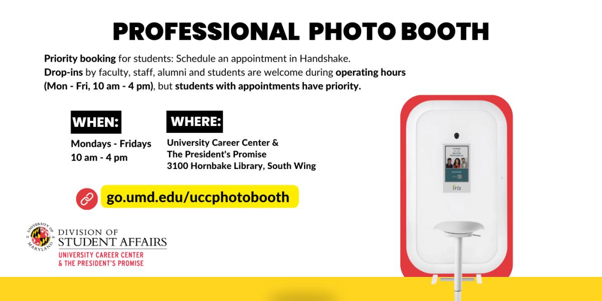 A photo booth is stationed to the right next to a body of text.