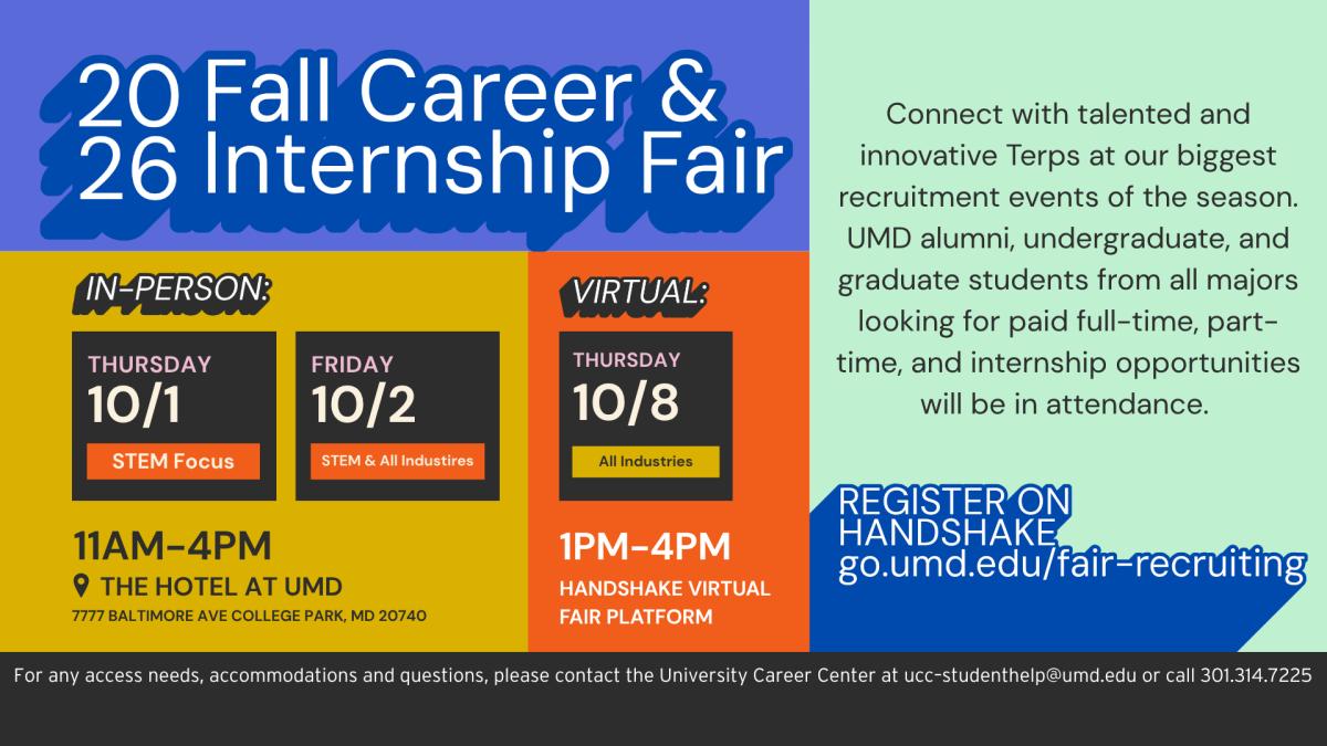 Event poster for the Fall 2026 Career & Internship Fair happening in-person October 1, 2, and virtually October 16, 2026.
