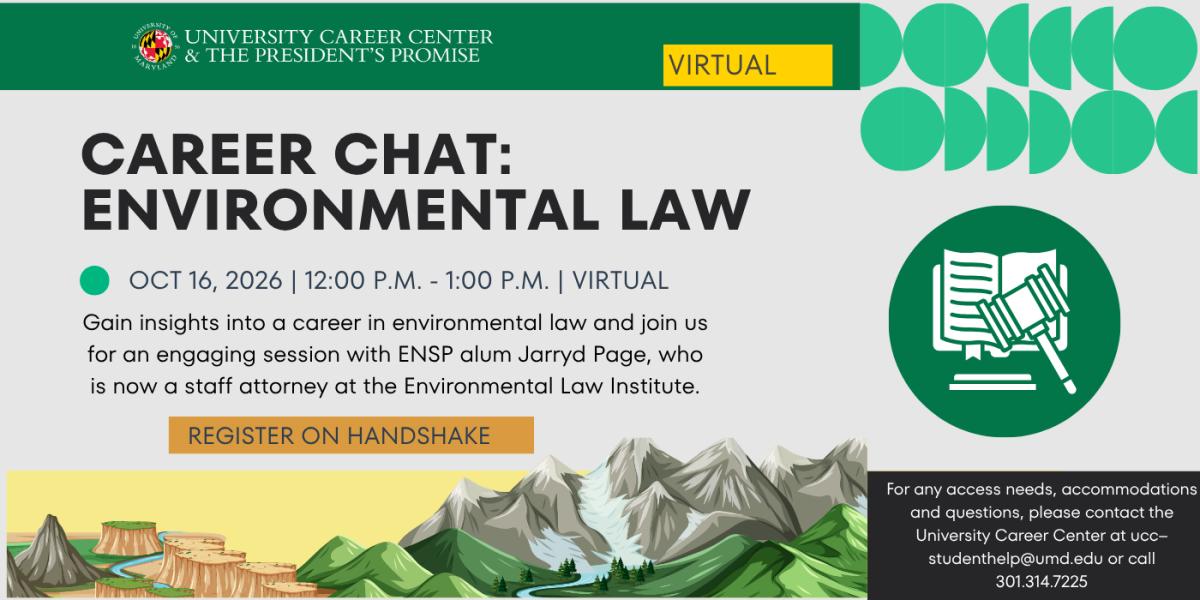 Career Chat: Environmental Law flyer, event occurring virtually on October 16, 2026, from 12 p.m. - 1 p.m. 