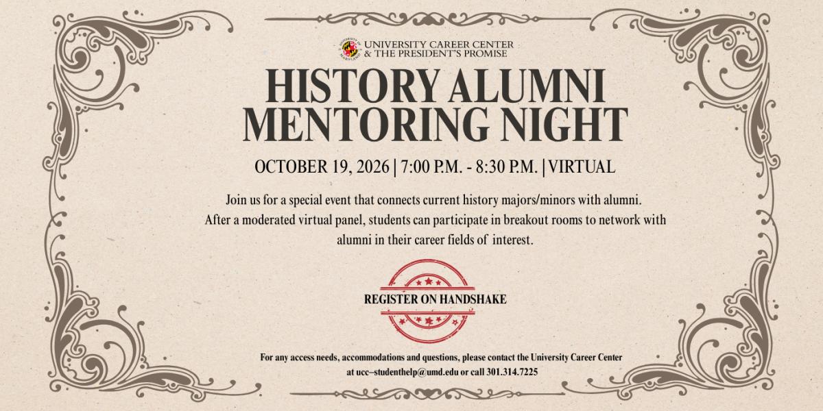 History Alumni Mentoring Night flyer, occurring virtually October 19, 2026, from 7 p.m. - 8:30 p.m.