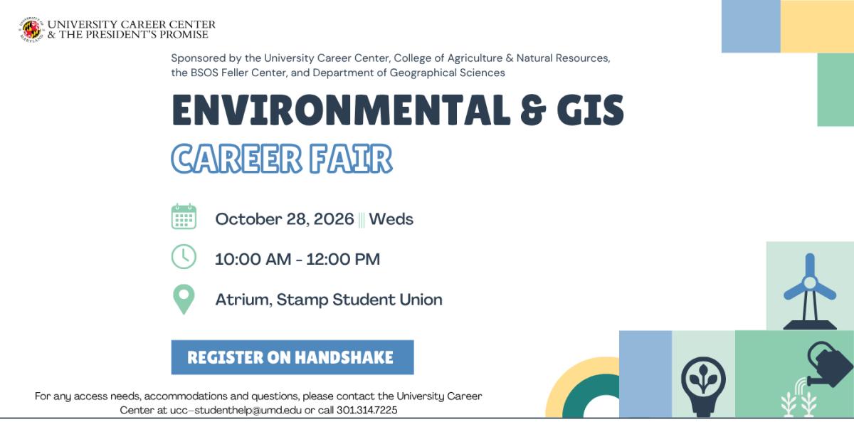 Environmental & GIS Career Fair event flyer, occurring on October 28, 2026, from 10:00 a.m. - 12:00 p.m., at the Stamp Student Union, Atrium.  