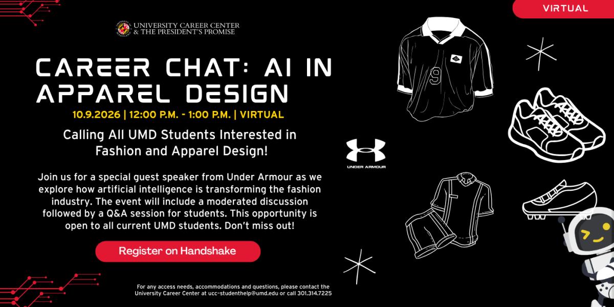 Career Chat: AI in Apparel Design event flyer, happening on October 9, 2026, from 12 pm - 1 pm, virtually. Registration required on Handshake.