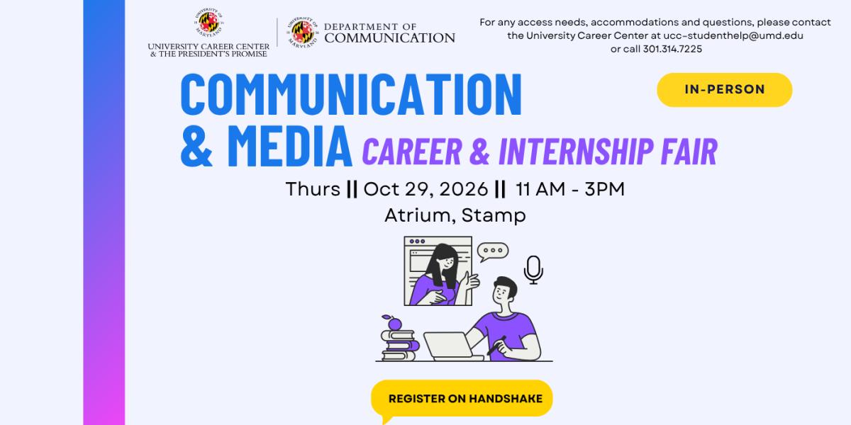 Communication and Media Career Fair flyer dated Thursday, October 29, 2026, from 11 am - 3 pm, at the STAMP Atrium.