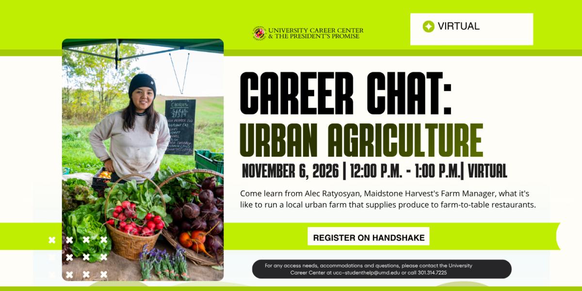 Career Chat: Urban Agriculture flyer including event details: virtual event, November 6, 2026, 12 pm - 1 pm.