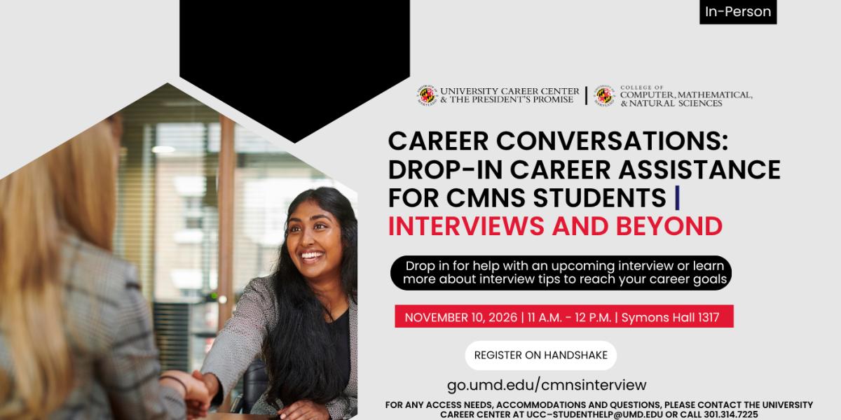 CMNS Drop-In Career Advising: Interviews and Beyond flyer, occurring on November 10, 2026, from 11 a.m. - 12 p.m., Symons Hall 1317. 