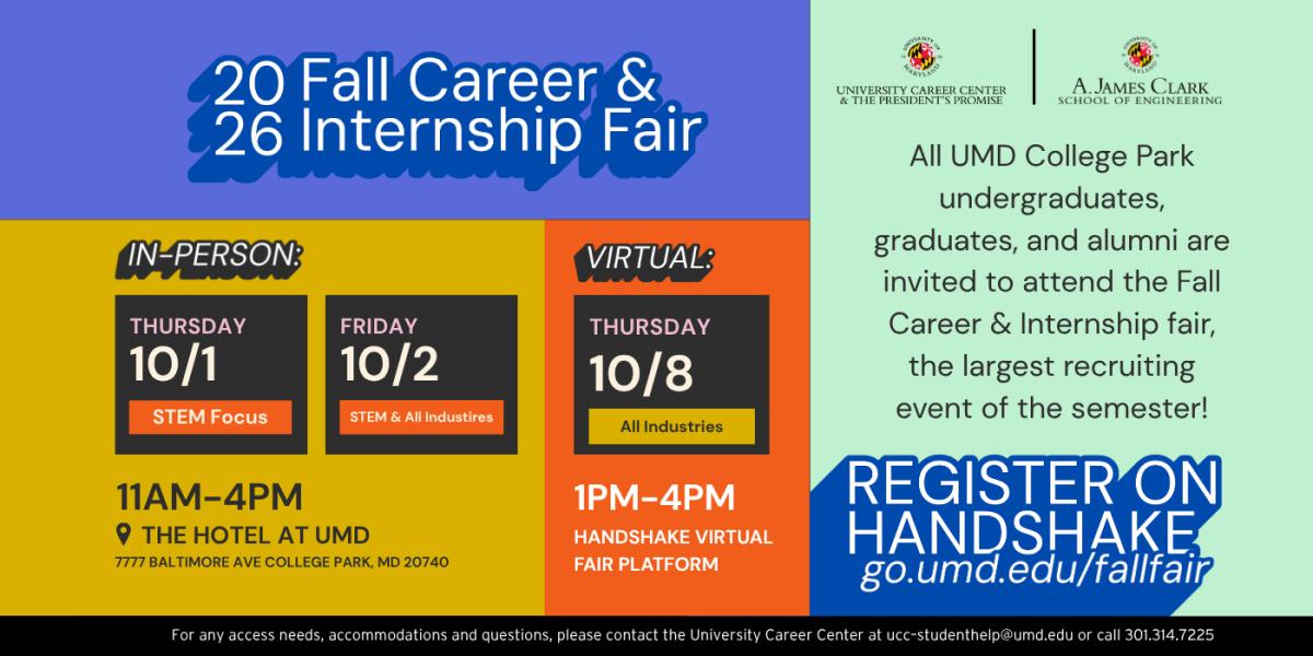 2026 Fall Career & Internship Fair flyer, occurring in-person October 1, 2, 2026 at the UMD Hotel, and virtually on October 8, 2026.