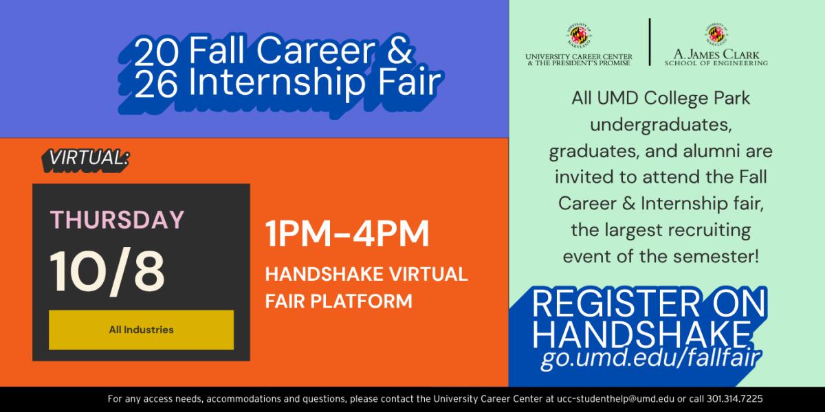 Flyer for the virtual 2026 Fall Career & Internship Fair occurring on October 8, 2026, from 1:00 p.m. - 4:00 p.m.