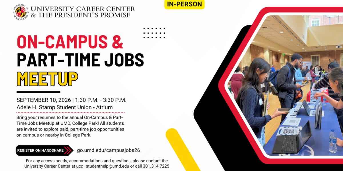 On-campus & part-time jons meetup event flyer, occurring on September 10, 2026, from 1:30 pm - 3:30 pm, at the Stamp Student Union, Atrium.