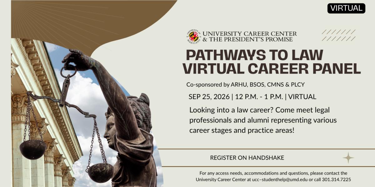 Pathways to Law Virtual Career Panel event flyer, occurring virtually on September 25, 2026, from 12 p.m. - 1 p.m.