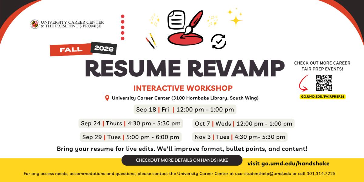 Resume Revamp Interactive workshop flyer, including dates and location, which is mentioned in event description post.