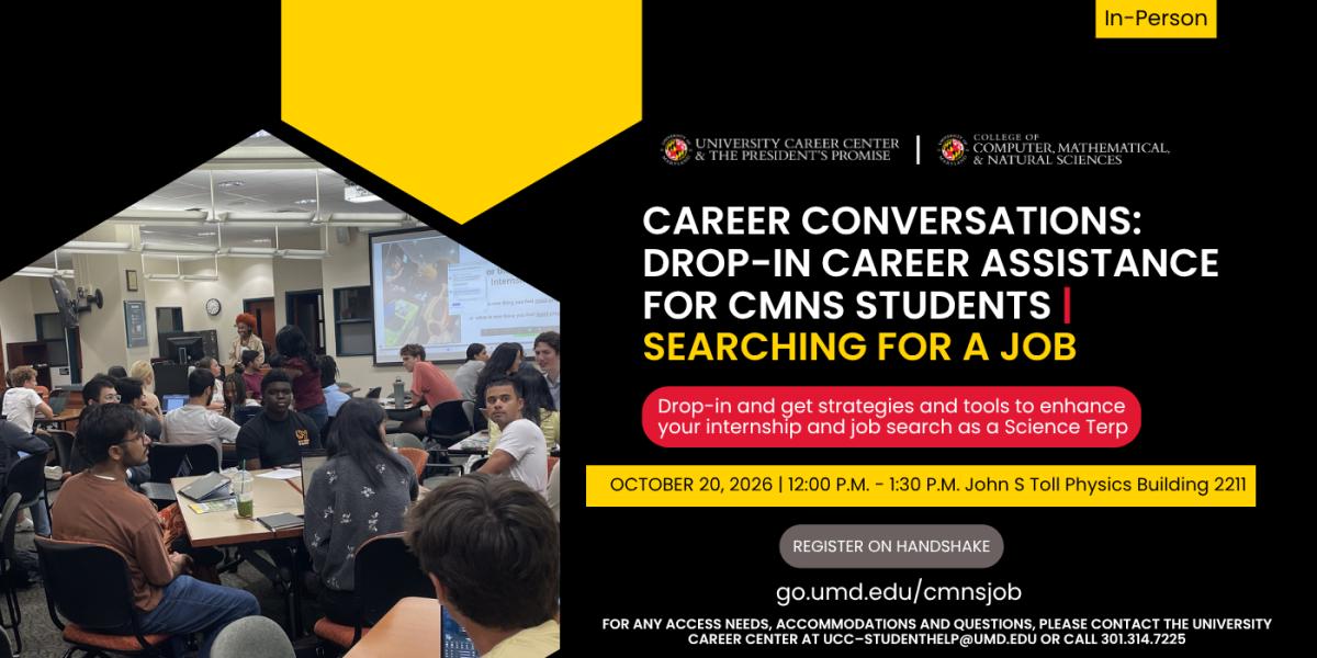 Searching for a job event flyer featuring a photo of students seated in a room together having a discussion.