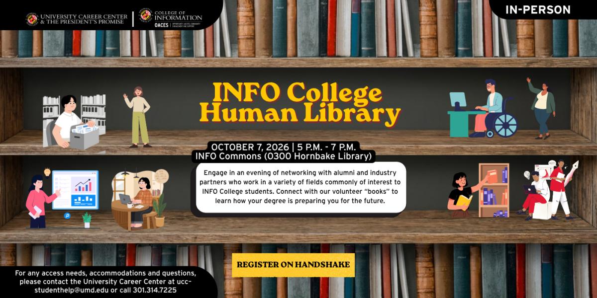 INFO College Human Library flyer featuring small graphics of book sized people doing different work related activities on a library shelf.