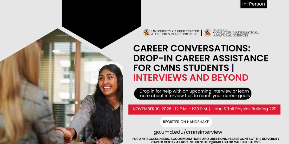 Interviews and beyond workshop flyer, featuring a woman in a business suit shaking hands with another woman at a table in an office setting.