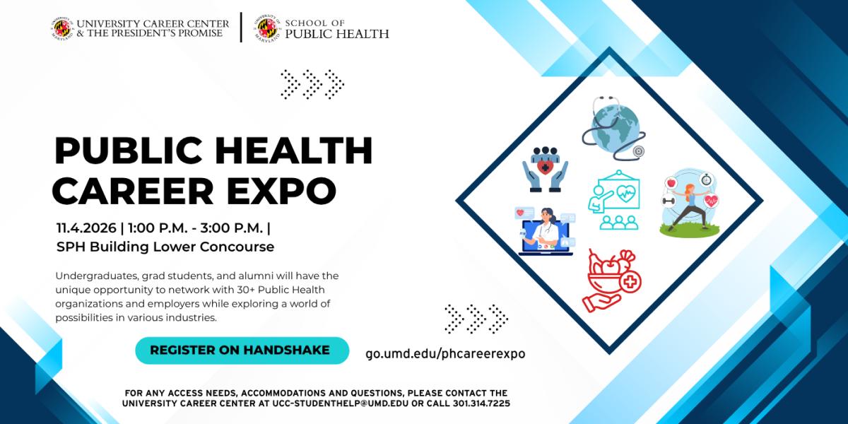 Public Heath Career Expo flyer, event date November 4, 2026, happening 1 pm - 3 pm, SPH lower concourse. A diamond image is to the right containing smaller public health related graphics.
