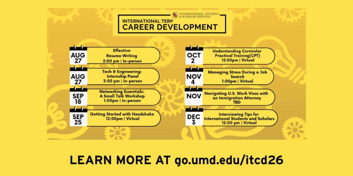 International Terp Career Development workshop flyer featuring individual workshop names, dates, and times. 