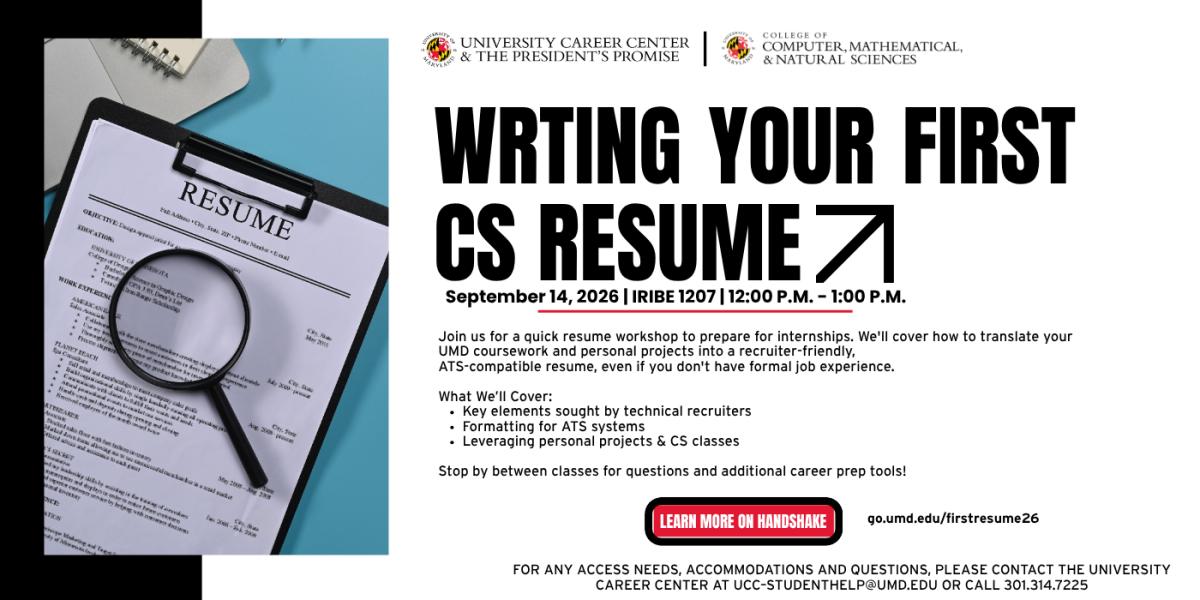 Writing your first cs resume flyer including a photo of a magnifying glass resting on top of a resume on a desk.