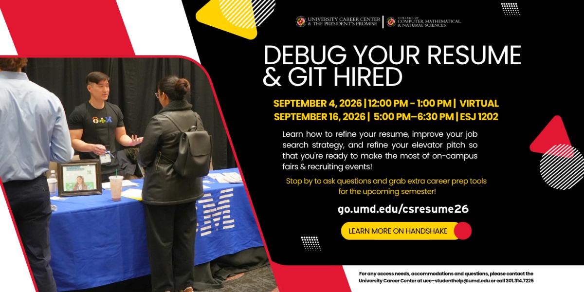 Debug your resume and git hired flyer, featuring a photo of a student talking to an employer. Event information is included in the post.