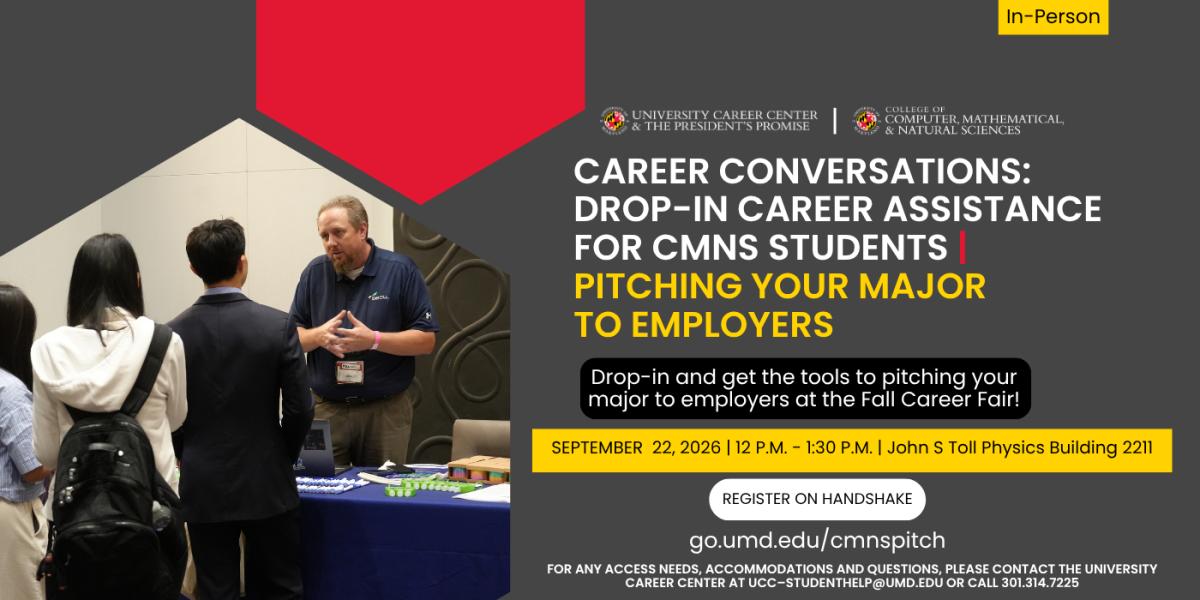 Pitching Your Major to Employers event flyer including a photo of an employer speaking to a student.