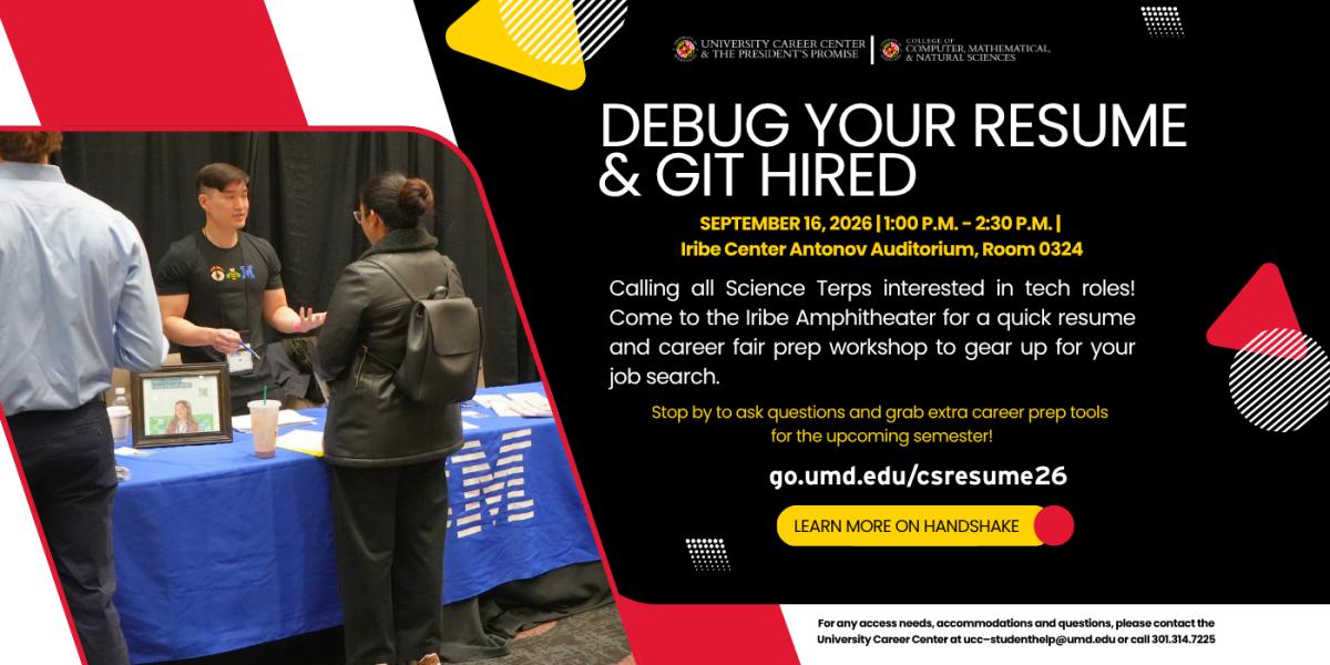 Debug Your Resume & Git Hired workshop flyer, occurring on September 16, 2026 1:00pm - 2:30pm, a student is talking with an employer at a table is shown to the left of the image.