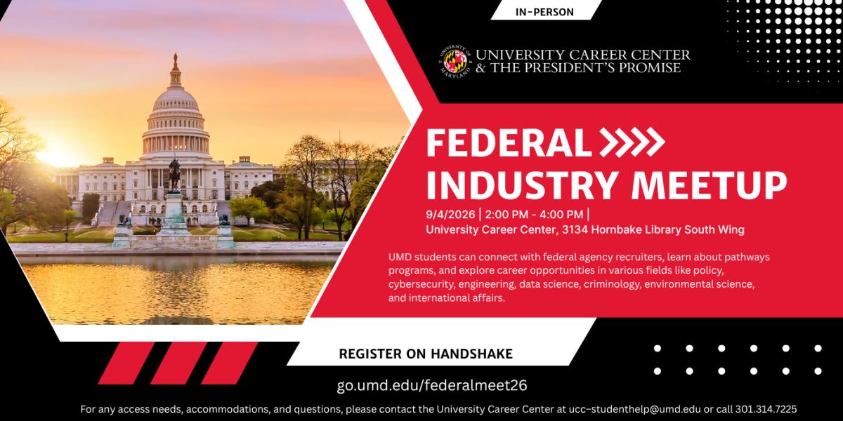 Federal Industry Meetup flyer, featuring an image of the DC capital building. Event is occurring on September 4, 2026, from 2 pm - 4 pm, at 3100 Hornbake library south wing.