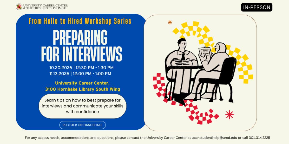 Preparing for Interviews workshop flyer, occurring on October 20 at 12:30 pm - 1:30 pm and November 13 from 12:00 pm - 1:00 pm, 2026. A graphic of a man and a woman seated a table having an interview session are positioned  to the right surrounded by colorful accents.