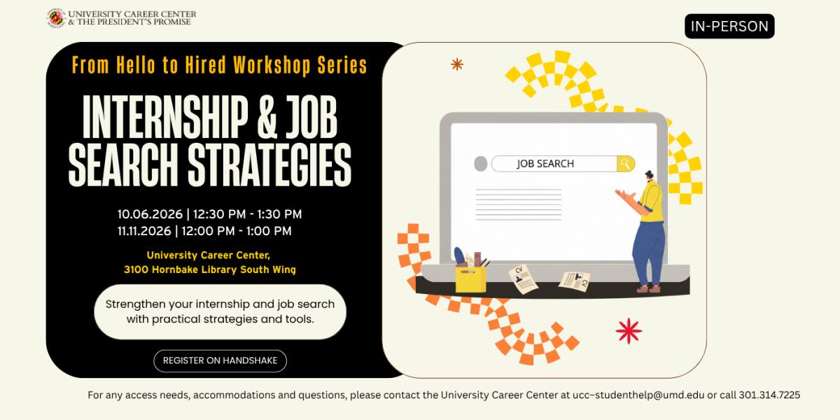 Internship and job search strategies event flyer, occurring October 6 from 12:30 pm - 1:30 pm and November 11 from 12:00 pm - 1:00 pm, 2026. A graphic of a laptop with a small person standing on the keyboard is positioned to the right, surrounded by colorful accents.  
