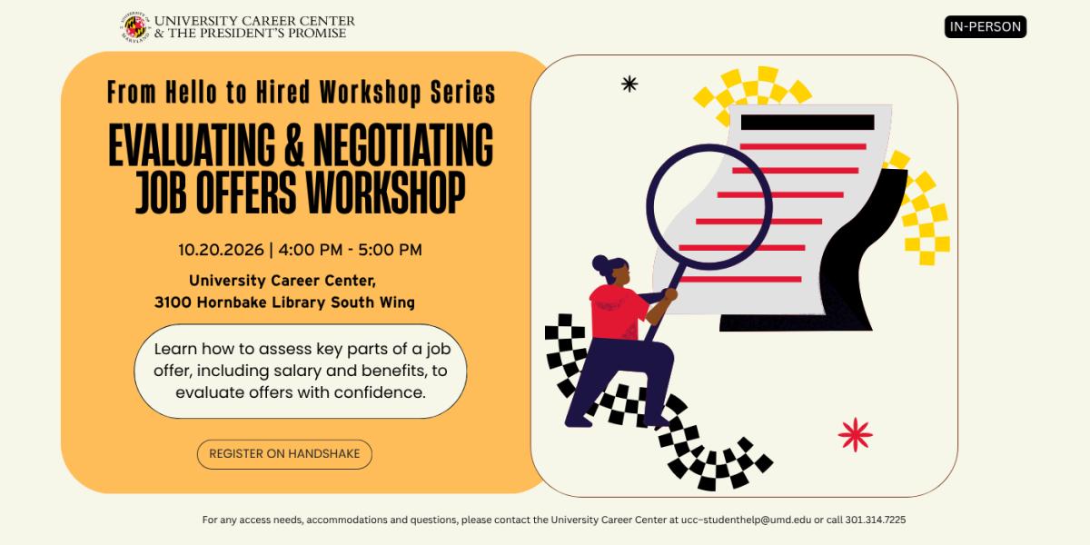 Evaluating and negotiating job offers workshop flyer, occurring on October 20, 2026 from 4:00 pm - 5:00 pm. A graphic of a woman holding a magnifying glass looking at a giant paper resume surrounded by colorful accents.  