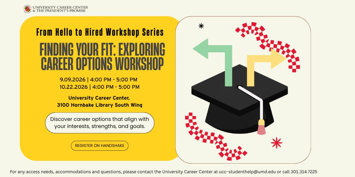 Finding Your Fit: Exploring Career Options Workshop event flyer, occurring September 9 from 4 pm - 5 pm and October 22 from 4 pm - 5 pm, 2026. A graphic of a graduation cap with two colored arrows pointing to the left and right, surrounded by colorful accents, is on the right of the flyer.  