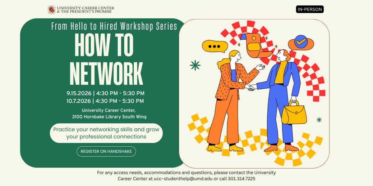 How to Network workshop flyer, event occurring September 15 and October 7, 2026, from 4:30 pm - 5:30 pm. A graphic of two people shaking hands is to the right surrounded by colorful accents.