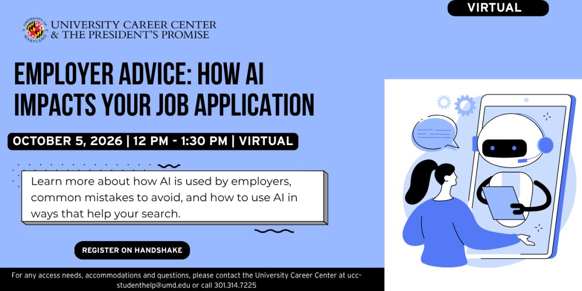 Employer Advice: How Ai Impacts Your Job application workshop flyer; event occurring oct 5, 2026 from 12 pm - 1:30 pm virtually. An image of a woman interacting with a robot through a smartphone is to the right.