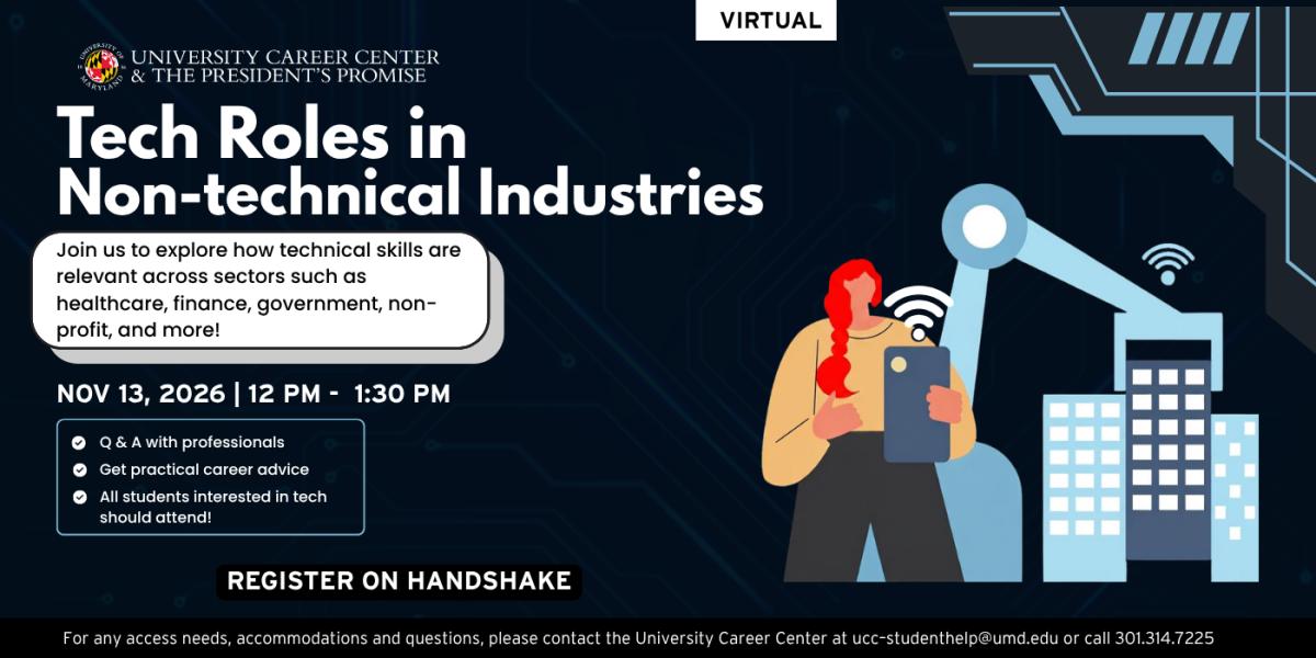 Tech roles in non-technical industries workshop flyer; event occurring on November 13, 2026, 12 pm - 1:30 pm. To the right, an animated woman with red hair is sing a wifi device and using a remote operated crane to pick up buildings.