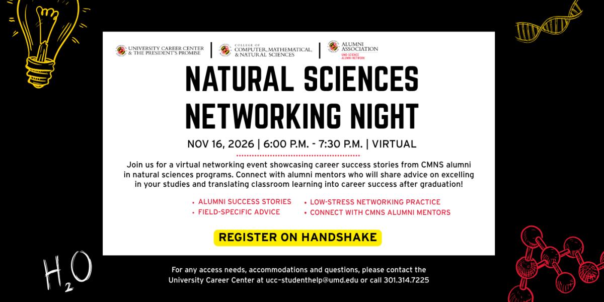 Natural Sciences Networking Night event flyer, occurring November 16, 2026, from 6 pm - 7:30 pm, virtually. The image incudes science related icons at the four corners of the flyer.