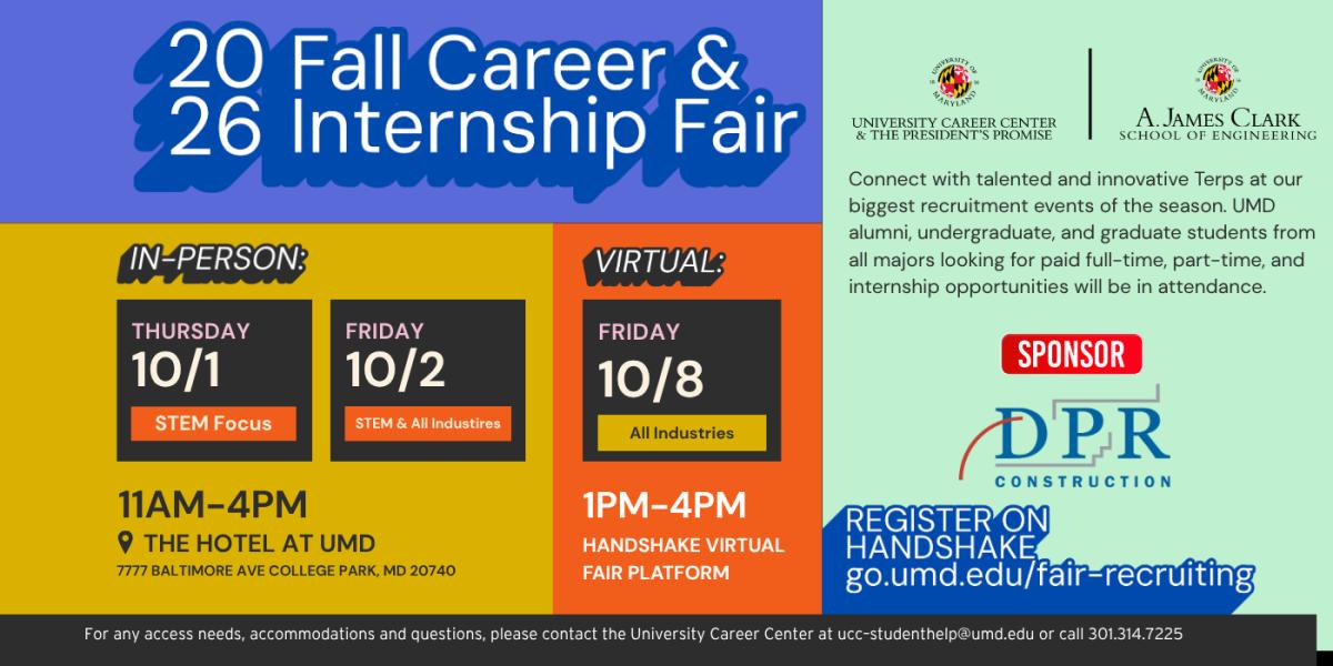 Fall Career & Internship Fair banner featuring event time, dates, and DPR construction logo as sponsor. Date, time, location, is available on the webpage.