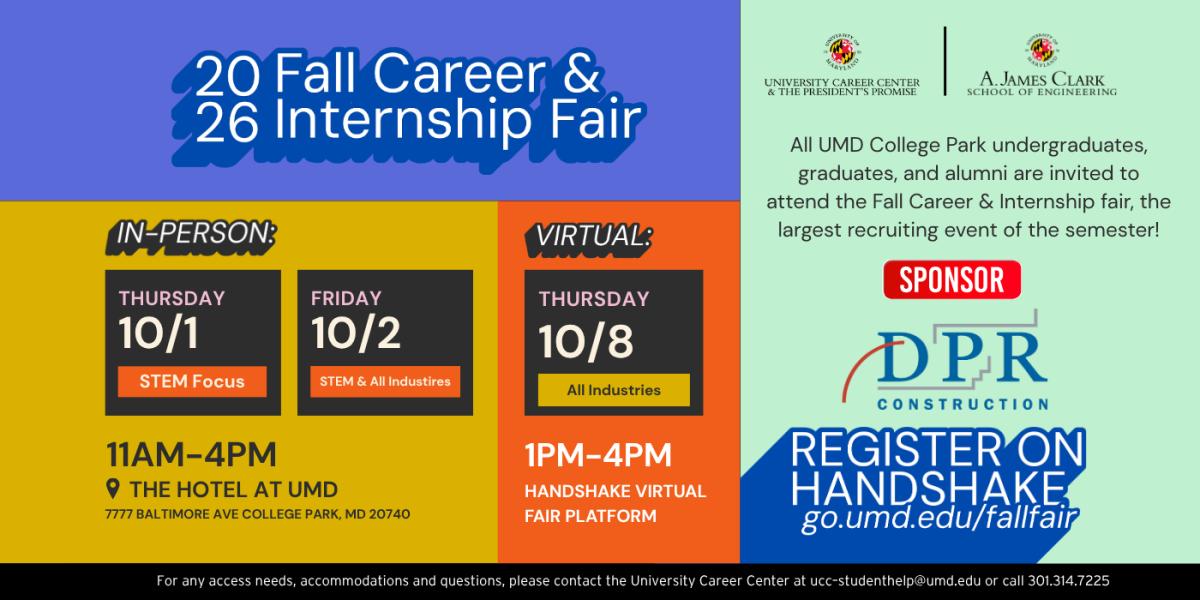 Fall Career & Internship Fair banner featuring event time, dates, and DPR construction logo as sponsor. Date, time, location, is available on the webpage.