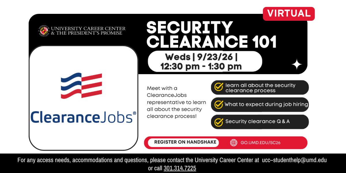 Security Clearance 101 event flyer, occurring virtually 9.22.26 from 12:30 pm - 1:30 pm. The logo of the Clearance Jobs is present to the left of the flyer.