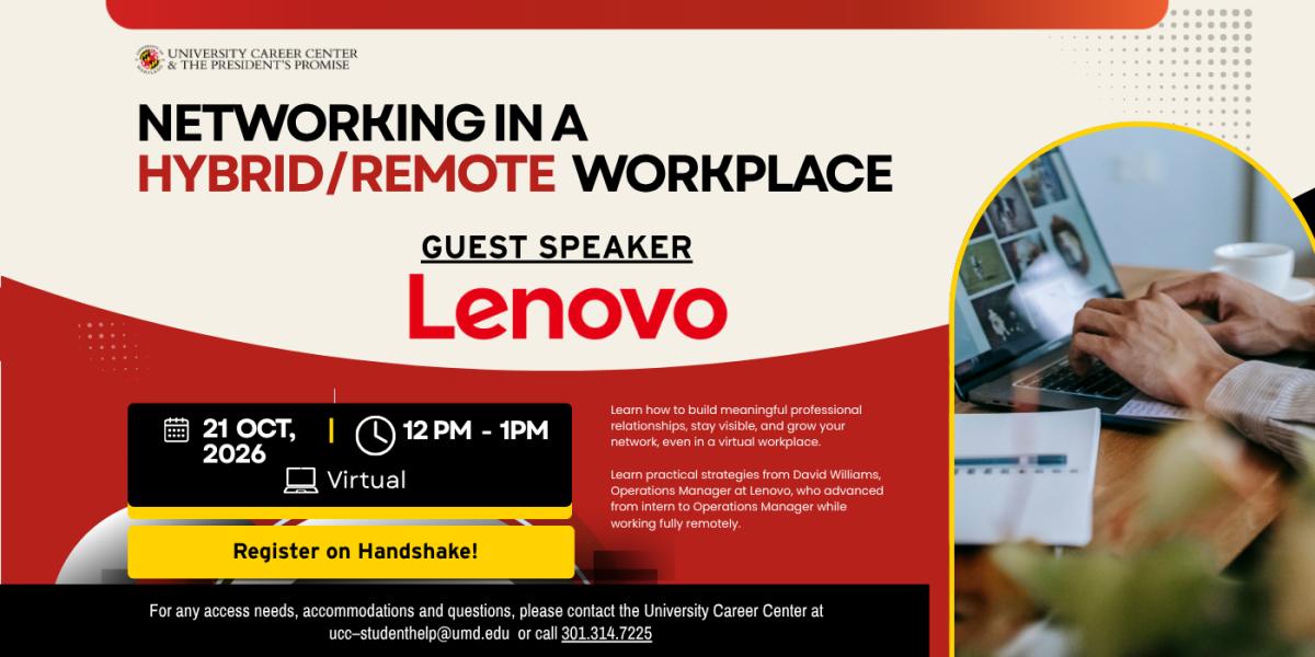 Networking in a hybrid remote workplace flyer. Event details in caption. A pair of hands are working away on a laptop keyboard.
