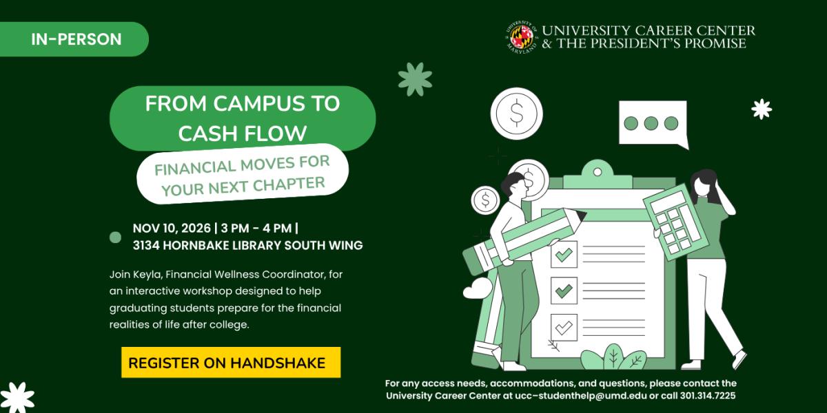 From Campus to Cash Flow: Financial Moves for Your Next Chapter event flyer; an animated woman is holding a large pencil but another is holding a keyboard, standing in front of a clipboard. Event details included in the event post.