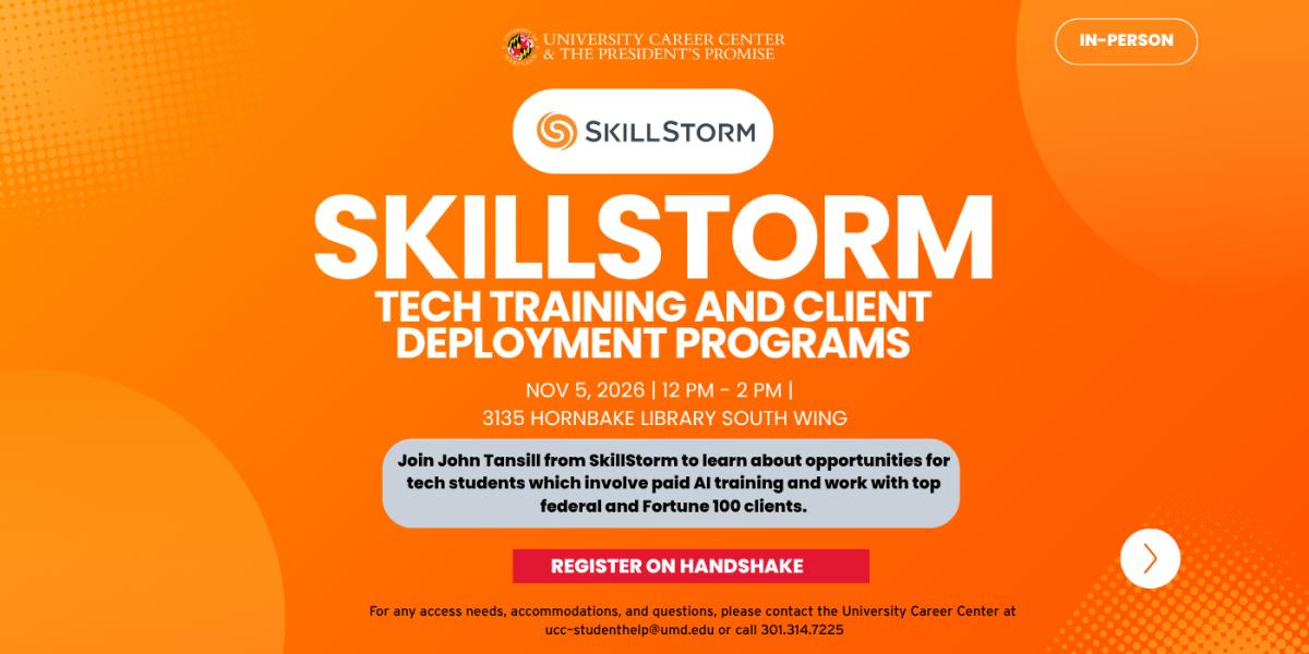 SkillStorm Tech Training and Client Deployment Program flyer; event details available in on the web page. 