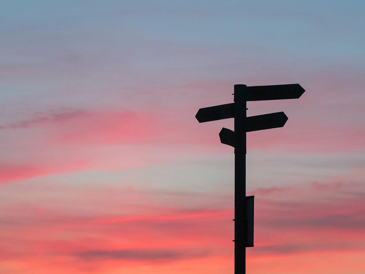 Street signs during a sunset