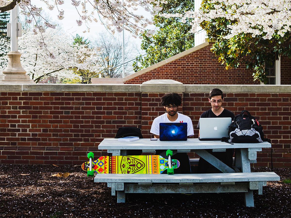 Two students sitting at patio table on their laptops