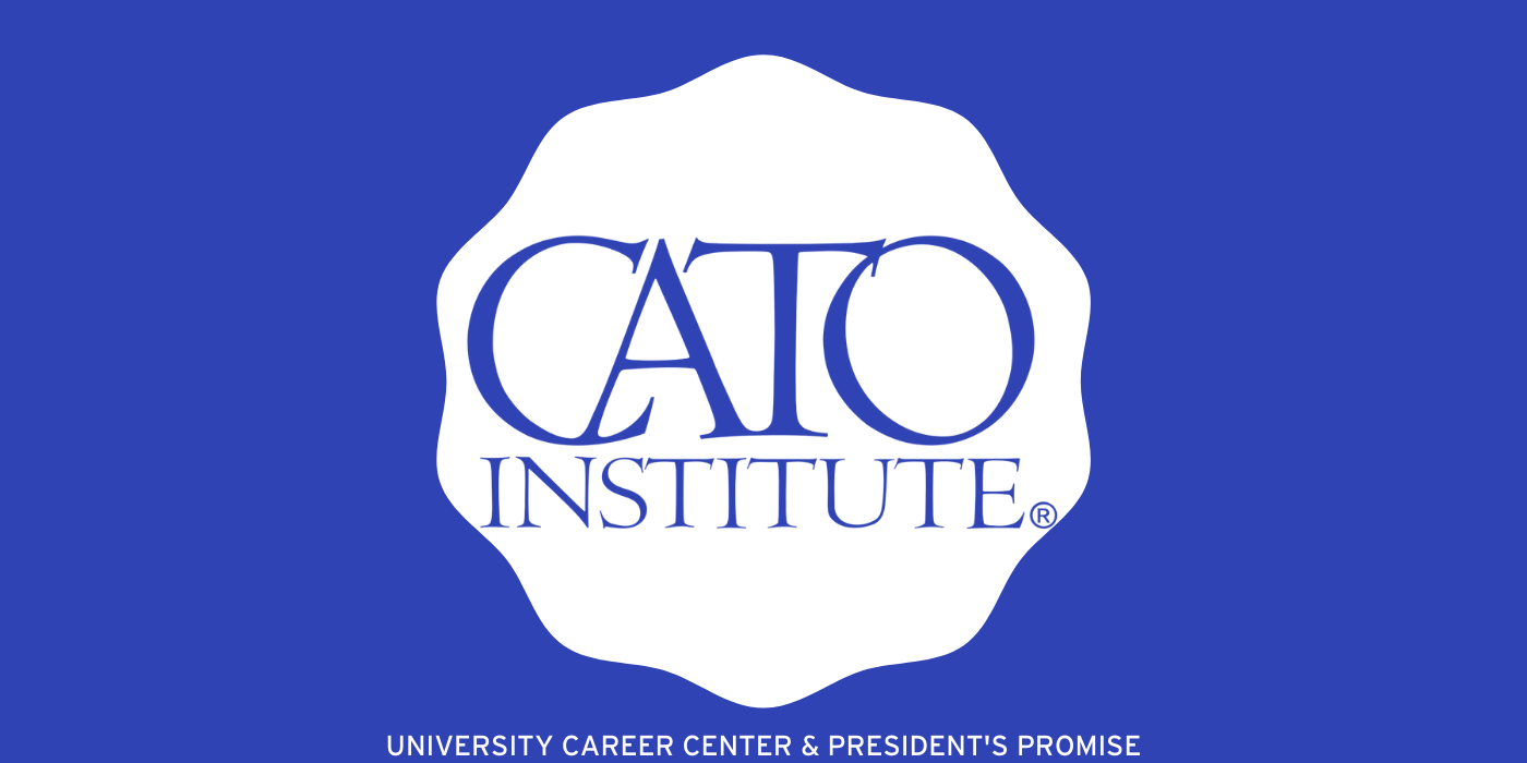 A royal blue logo that says "Cato Institute" 