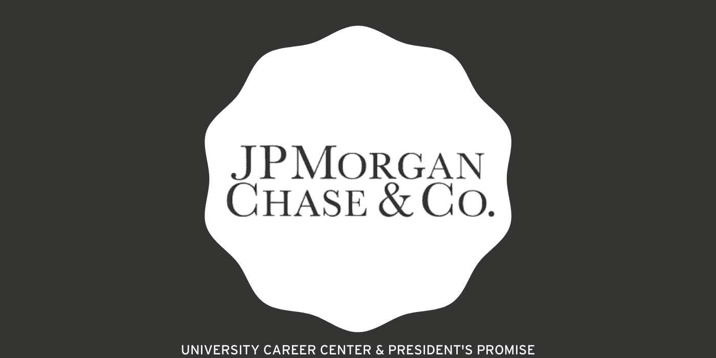 JP Morgan Chase & Co logo in a scalloped circle surrounded by a dark gray background