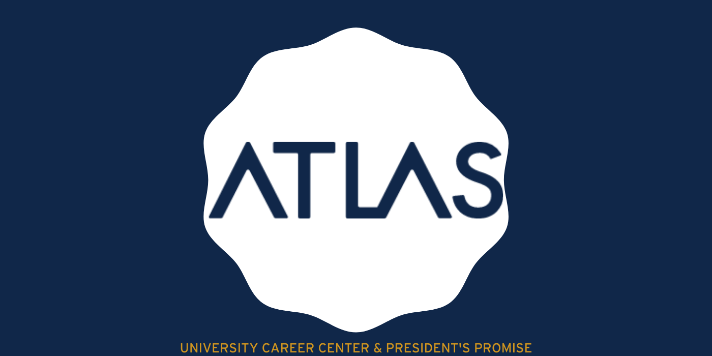 The Atlas logo which says "Atlas" in blue surrounded by a white scalloped circle surrounded by a blue rectangle