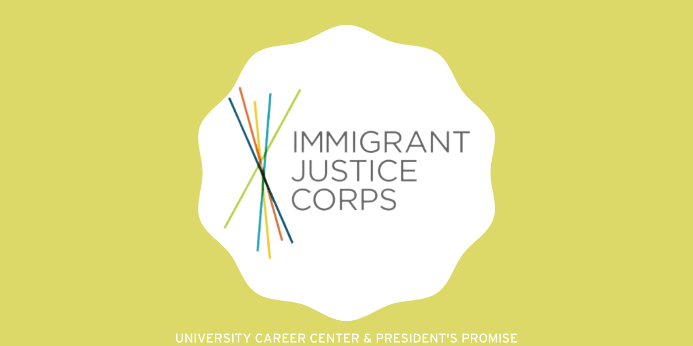 Immigrant Justice Corps Logo inside a scalloped white circle inside a light yellow rectangle