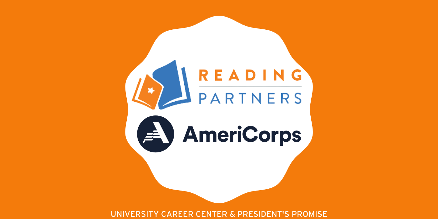 Americorps and Reading Partners Logo in a scalloped white circle surrounded by an organge rectangle