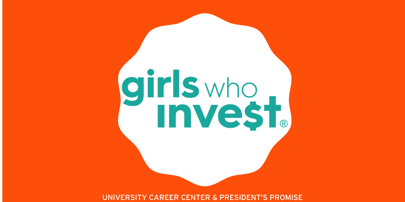 Text that says girls who invest with the "s" replaced by a dollar sign in turquoise surrounded by a white scalloped circle surrounded by an orange rectangle